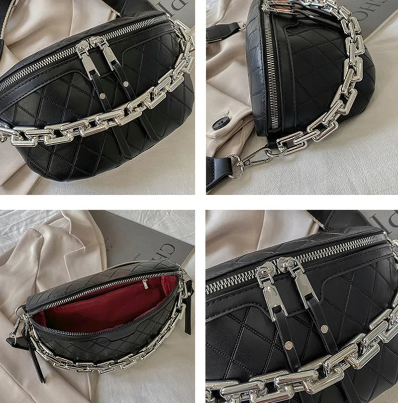 Women's Lingge PU Leather Chain Fanny Pack Shoulder Bag