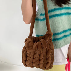 Women's Bucket Bag Coarse Line Hand Woven Messenger Casual Shoulder Soft Handbag