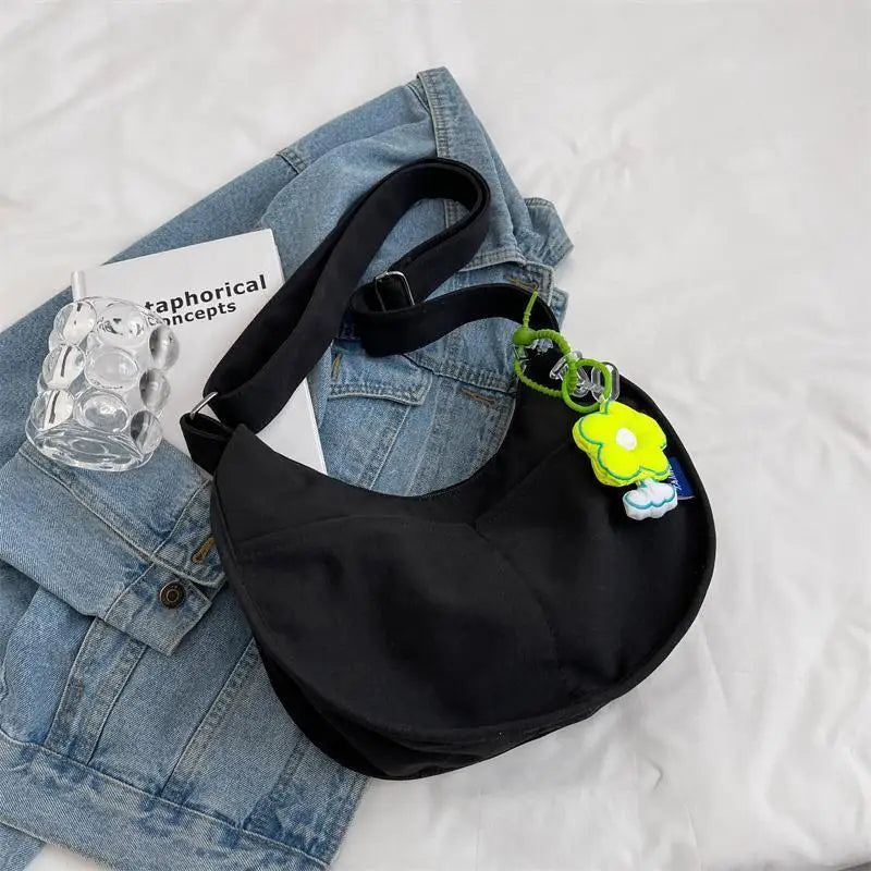 Women's Canvas Crossbody Bag Solid Shoulder Student Half Moon Purse