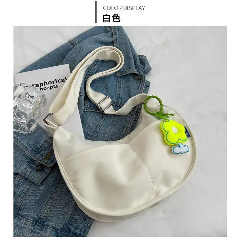 Women's Canvas Crossbody Bag Solid Single Shoulder Student Half Moon Bag