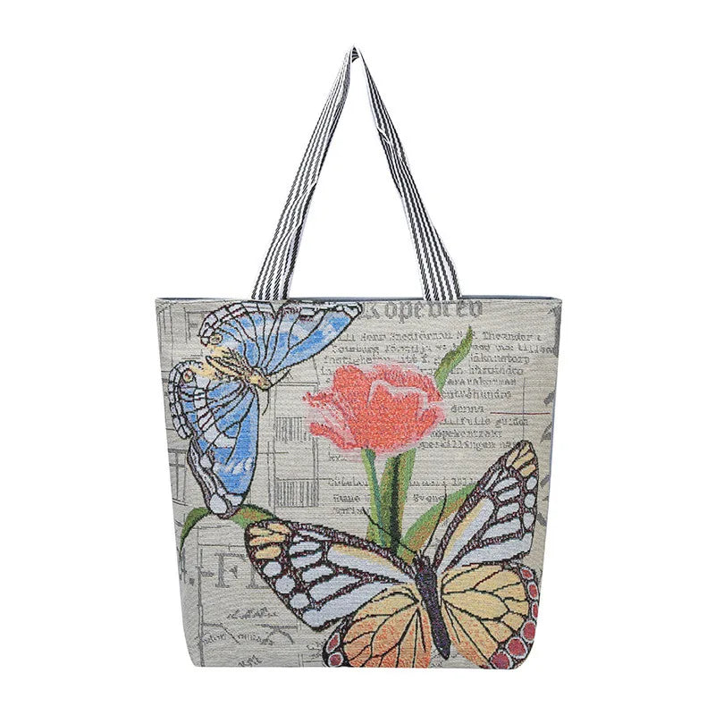 Women's Owl Embroidery Canvas Handbag Casual Tote Large Capacity Shopping Bag