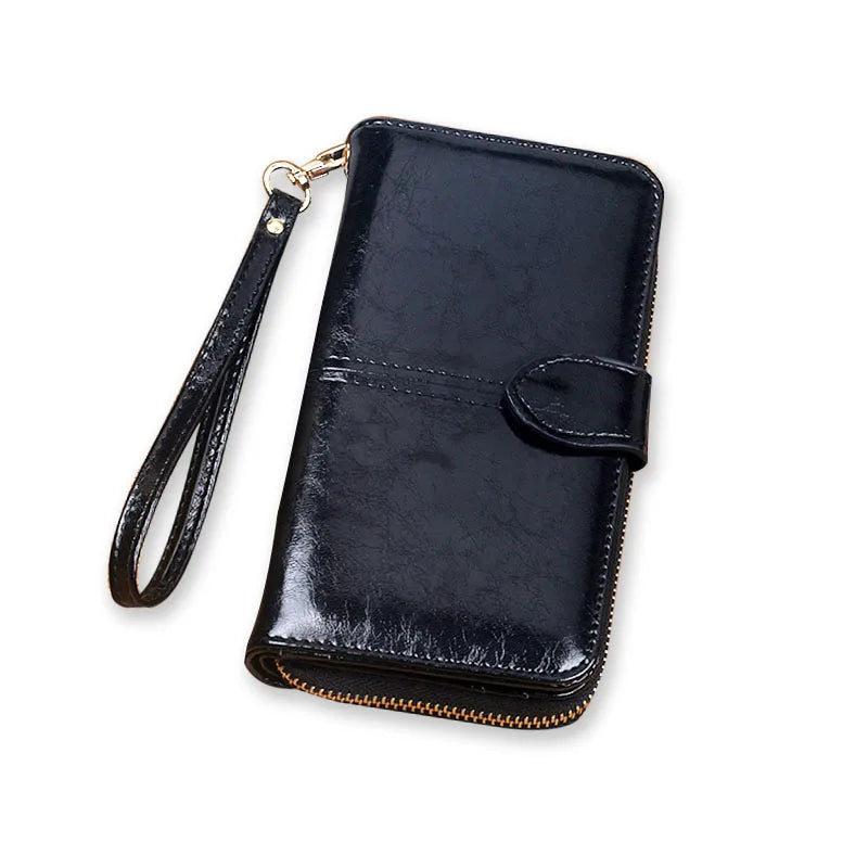 Women's Long Zipper Wallet Oil Wax Leather Clutch Bag