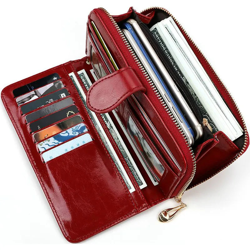 Women's Long Zipper Wallet Oil Wax Leather Clutch Bag