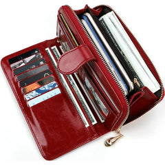 Women's Long Zipper Wallet Oil Wax Leather Clutch Bag