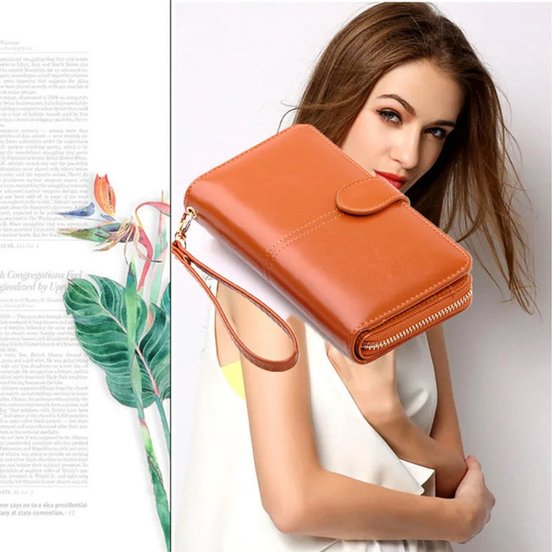 Women's Long Zipper Wallet Oil Wax Leather Clutch Bag