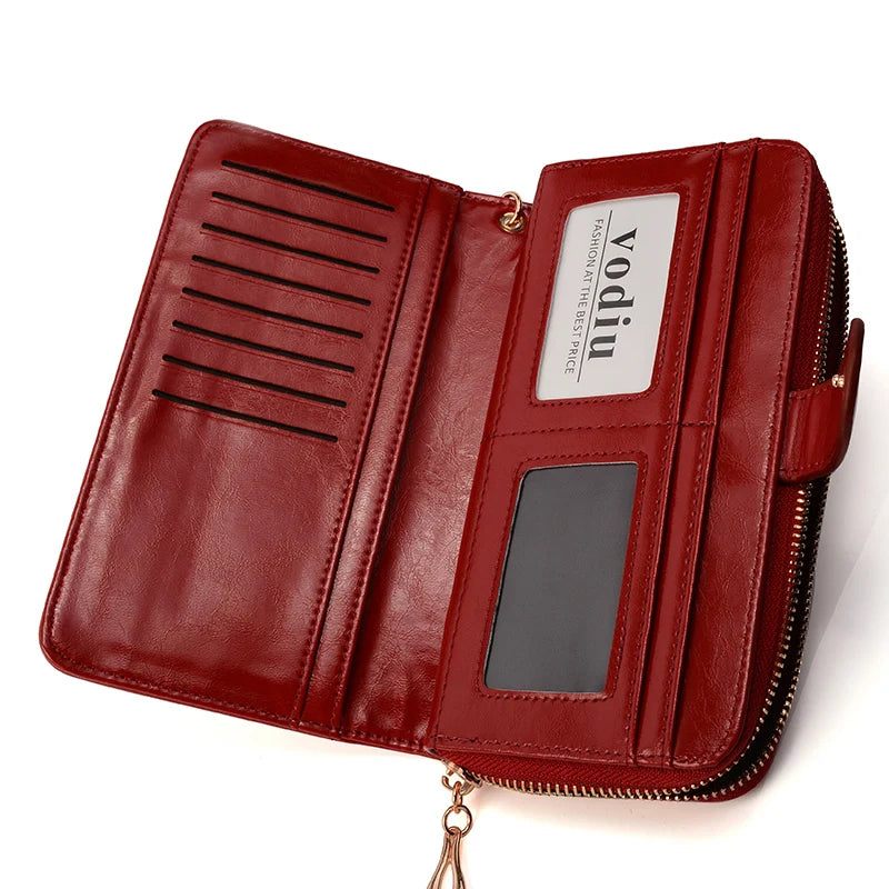 Women's Long Zipper Wallet Oil Wax Leather Clutch Bag