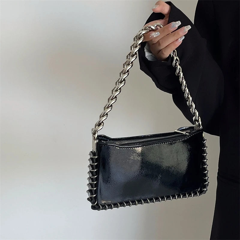 Women's Chain Underarm Shoulder Bag Glossy Patent Leather