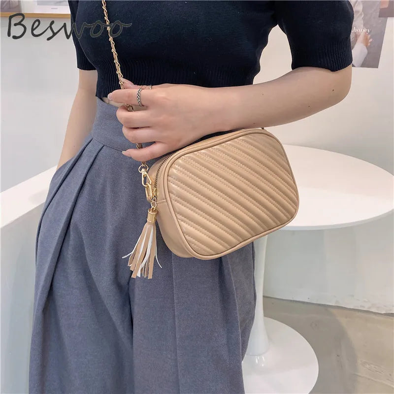 Women's Vintage Thread Crossbody Bag Soft PU Leather Tassel Purses Chain Bag