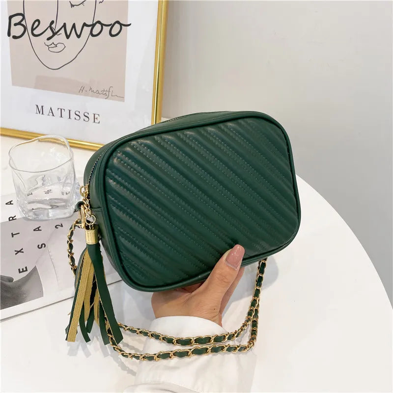 Women's Vintage Thread Crossbody Bag Soft PU Leather Tassel Purses Chain Bag