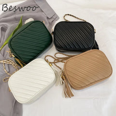 Women's Vintage Thread Crossbody Bag Soft PU Leather Tassel Purses Chain Bag