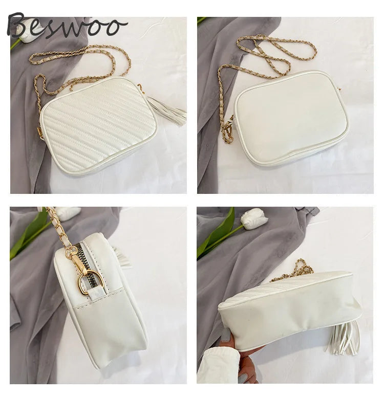 Women's Vintage Thread Crossbody Bag Soft PU Leather Tassel Purses Chain Bag