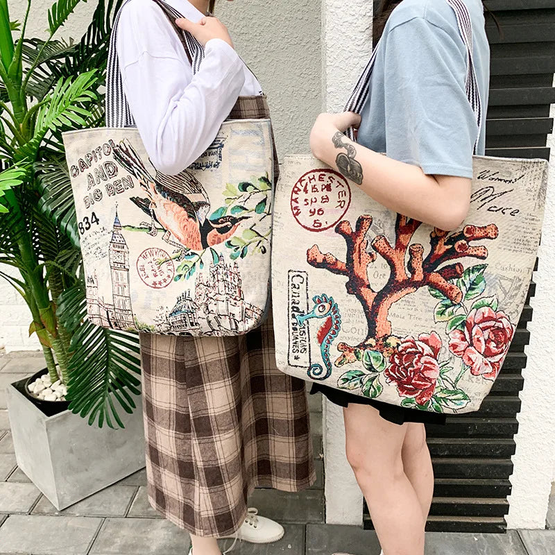 Ethnic Cartoon Printed Canvas Handbag Large Capacity Tote