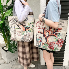Ethnic Cartoon Printed Canvas Handbag Large Capacity Tote