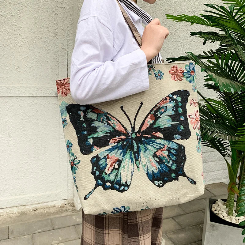 Ethnic Cartoon Printed Canvas Handbag Large Capacity Tote