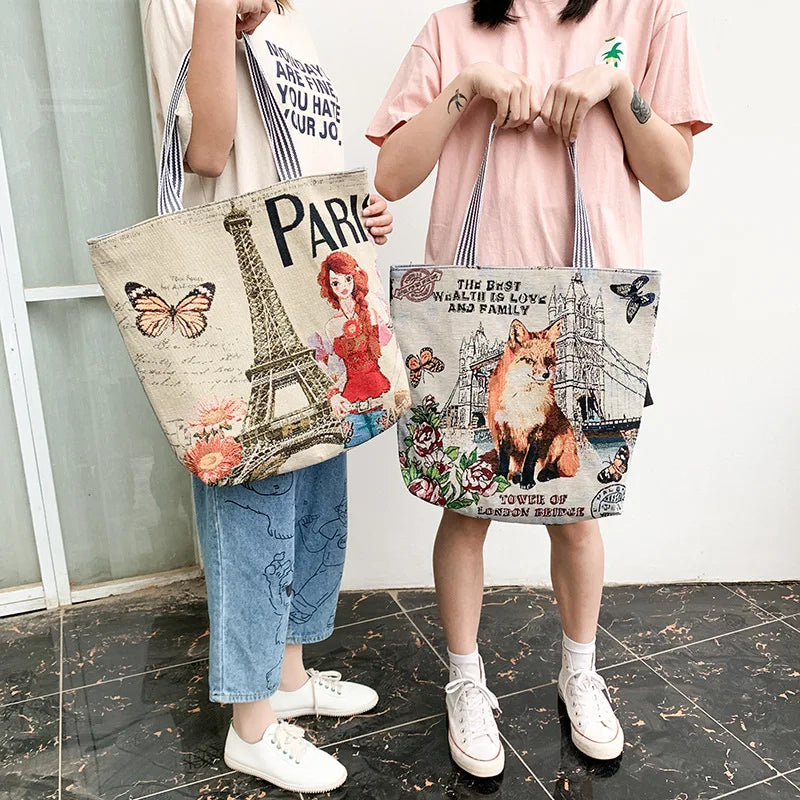 Ethnic Cartoon Printed Canvas Handbag Large Capacity Tote