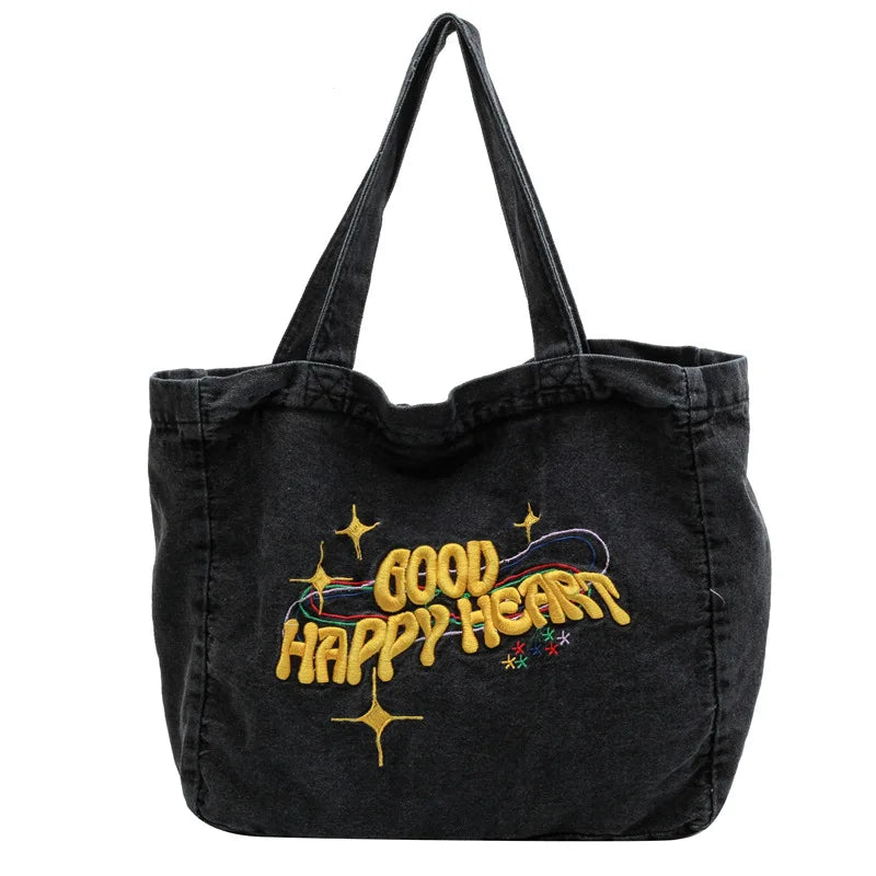 Women's Shoulder Canvas Bag Letter Embroidery Denim Large Capacity