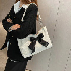 Canvas Women Shoulder Bag Large Tote Shopper Bag Bowknot Female Bags