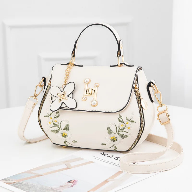 Embroidered Flower Top Handle Bag Crossbody Totes