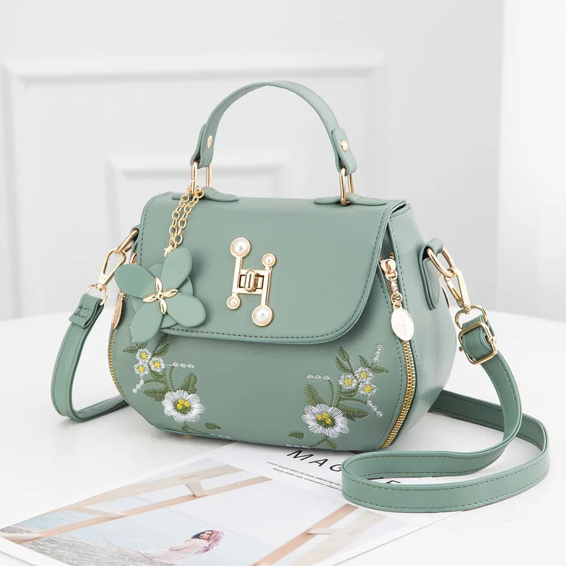 Embroidered Flower Top Handle Bag Crossbody Totes