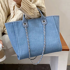 Canvas Beach Tote Bag Women Shoulder Chain Bags