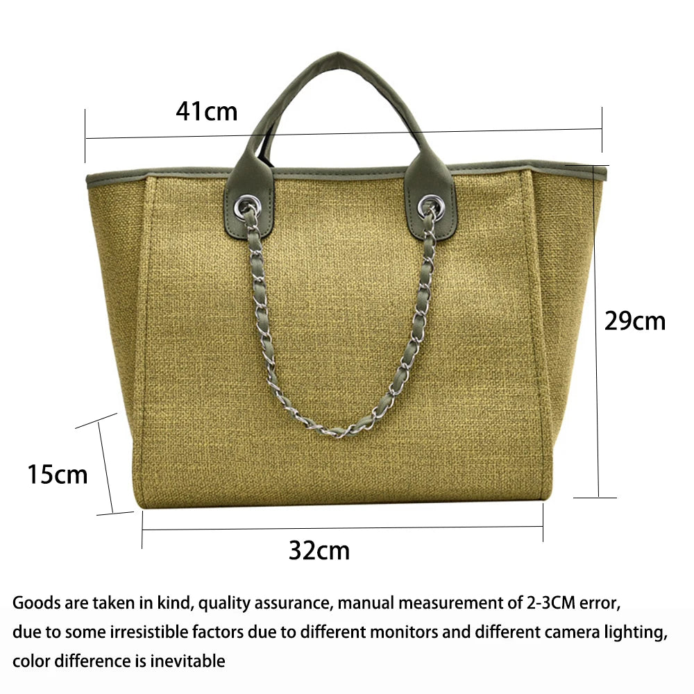 Canvas Beach Tote Bag Women Shoulder Chain Bags