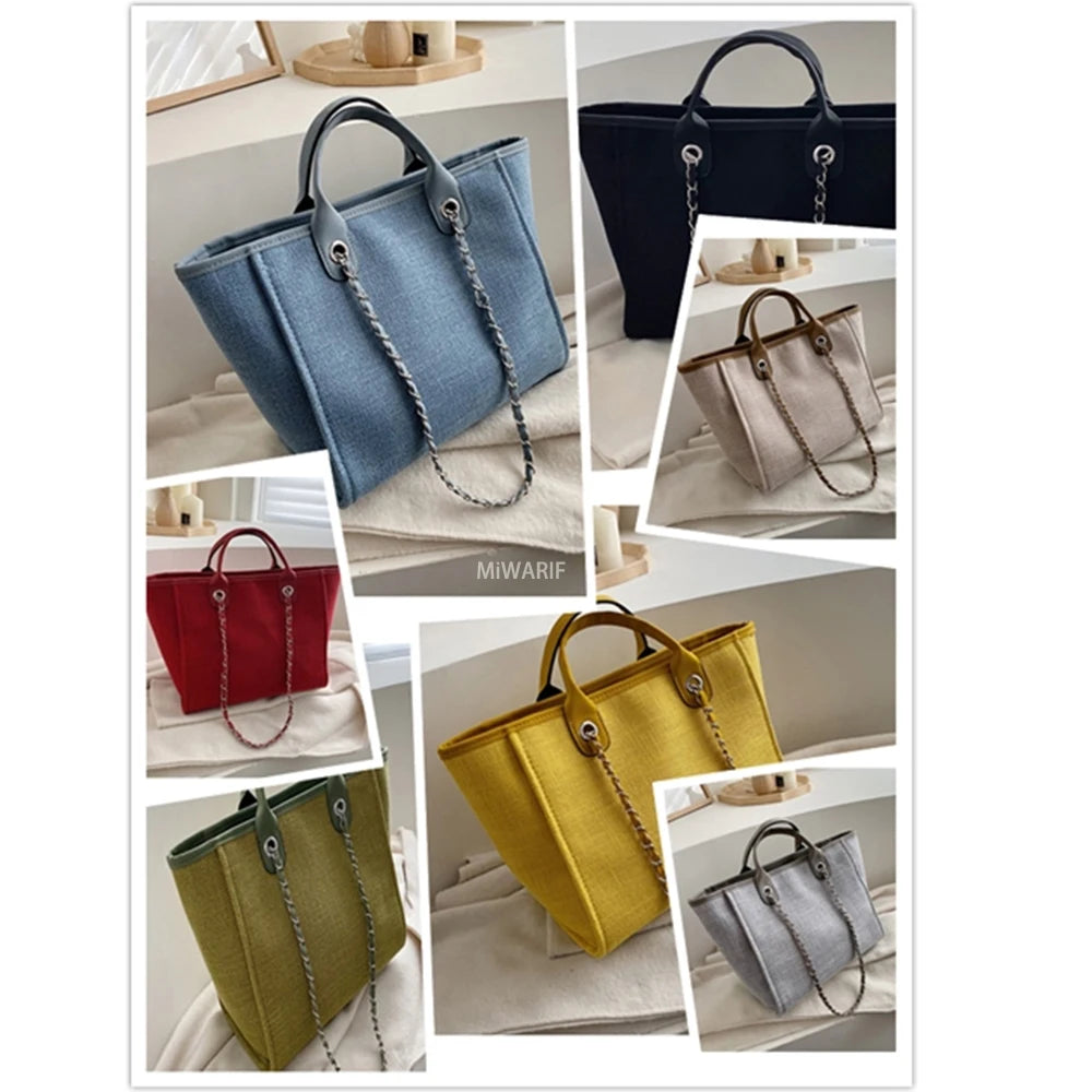 Canvas Beach Tote Bag Women Shoulder Chain Bags
