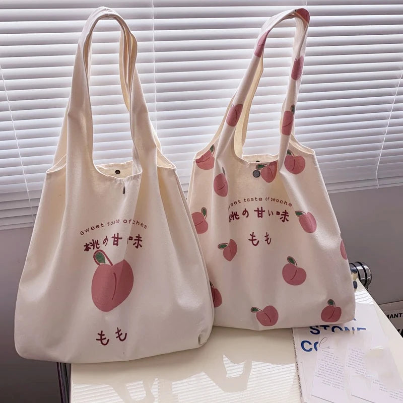 Peach Print Tote Bag for School Girls Eco Shoulder Bags