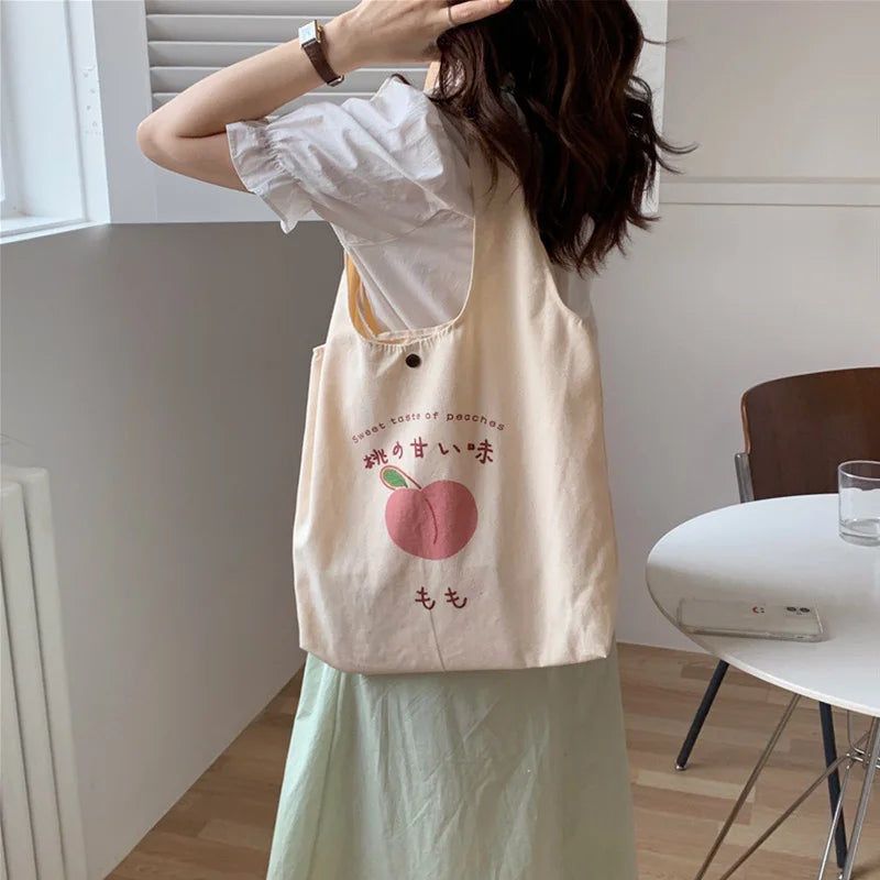 Peach Print Tote Bag for School Girls Eco Shoulder Bags