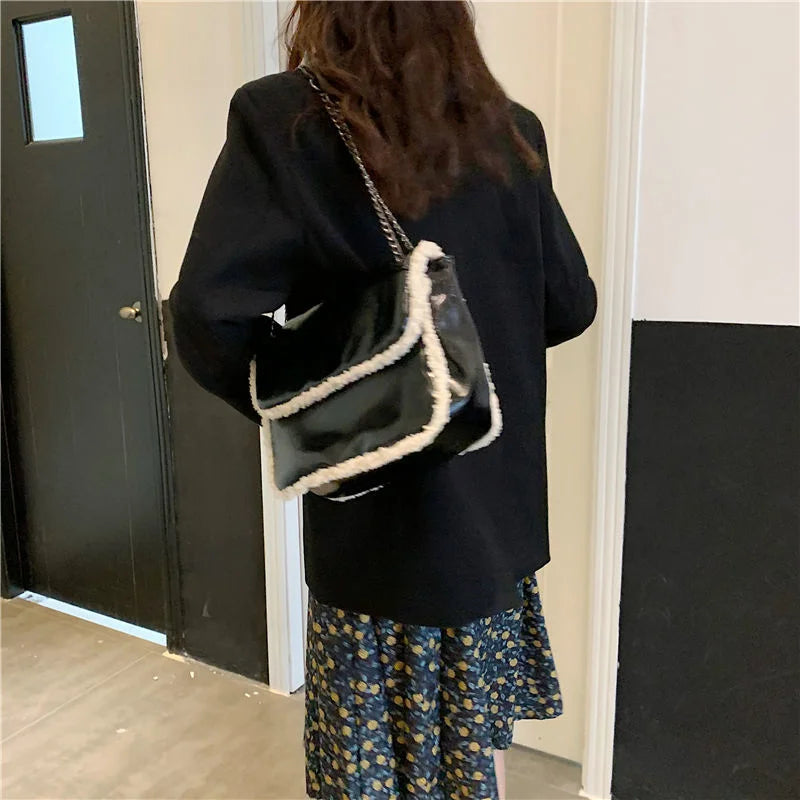 Vintage Chain Shoulder Bag Fur Pu Leather Women's Handbag