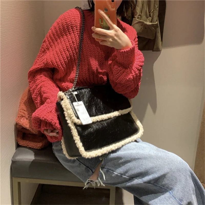 Vintage Chain Shoulder Bag Fur Pu Leather Women's Handbag
