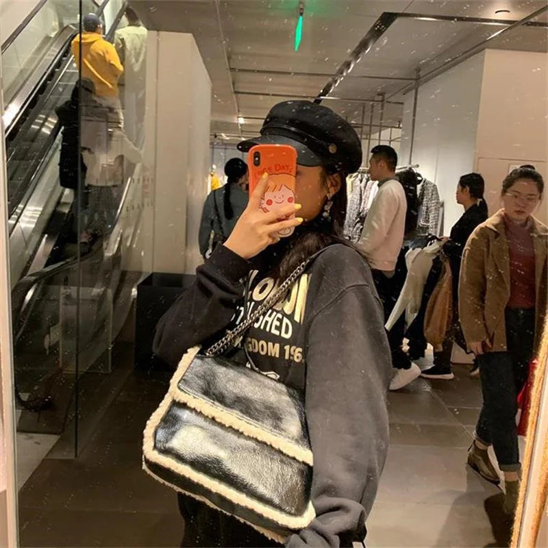 Vintage Chain Shoulder Bag Fur Pu Leather Women's Handbag