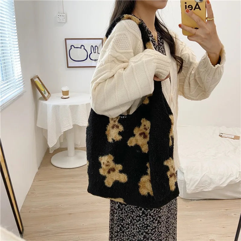 Women's Lamb Fabric Shoulder Bag Handbag Tote Large Capacity