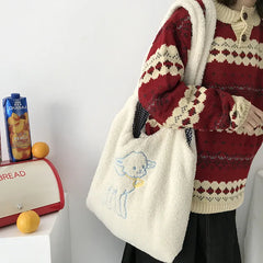 Women's Lamb Fabric Shoulder Bag Canvas Handbag Large Capacity
