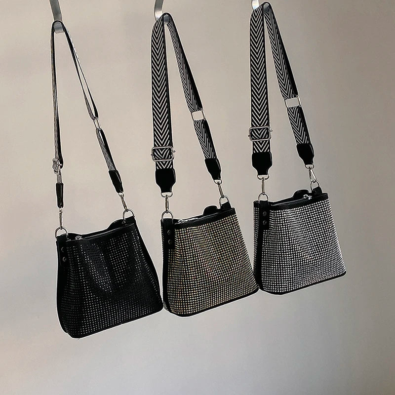 Women's Leather Shoulder Bag Inlaid Diamond Wide Strap Crossbody Tote Bag