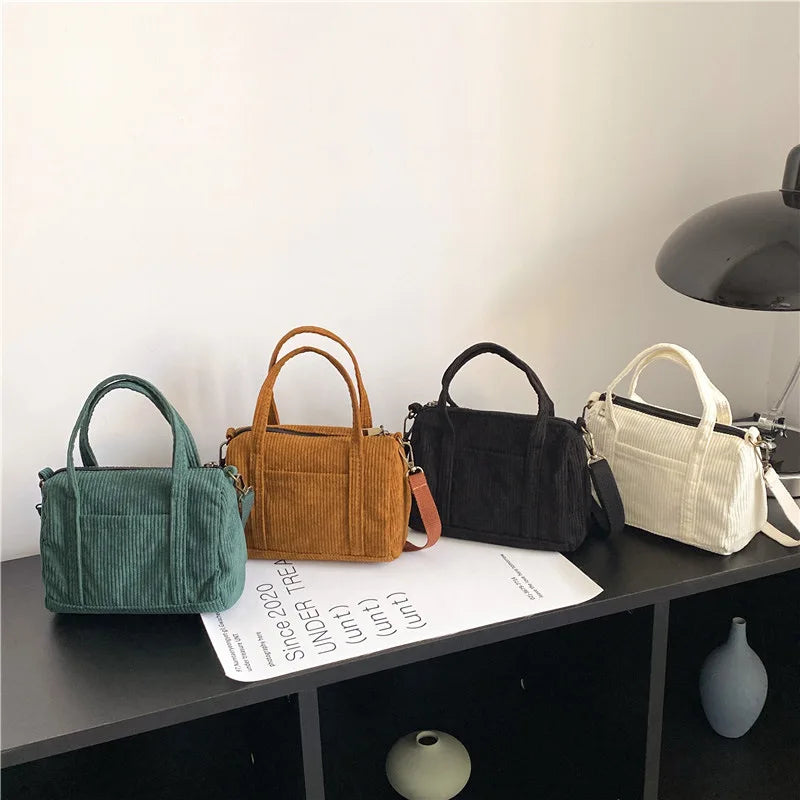 Women's Mini Corduroy Shoulder Bag Canvas Handbag Zipper Totes Ladies Purse