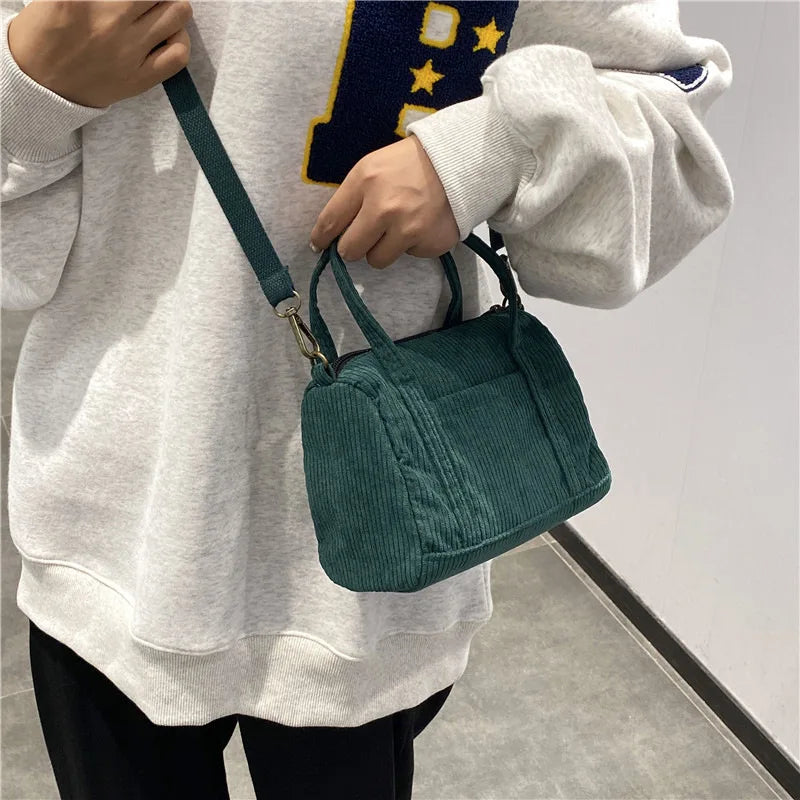 Women's Mini Corduroy Shoulder Bag Canvas Handbag Zipper Totes Ladies Purse
