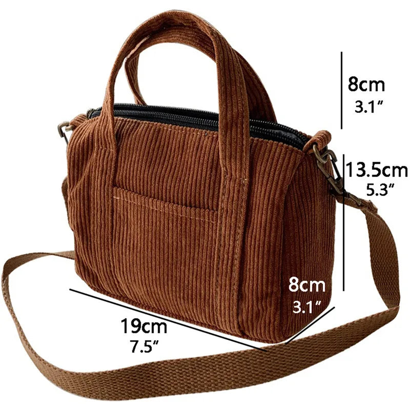 Women's Mini Corduroy Shoulder Bag Canvas Handbag Zipper Totes Casual Purse