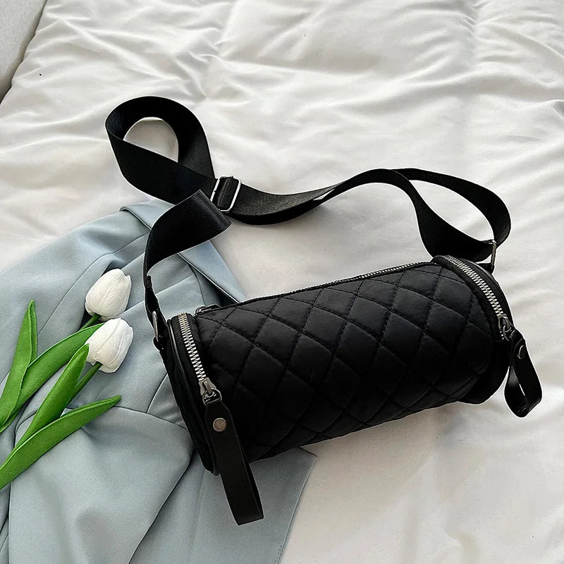 Solid Nylon Crossbody Bag Wide Strap Tote & Purse Cylindrical Shoulder Bag