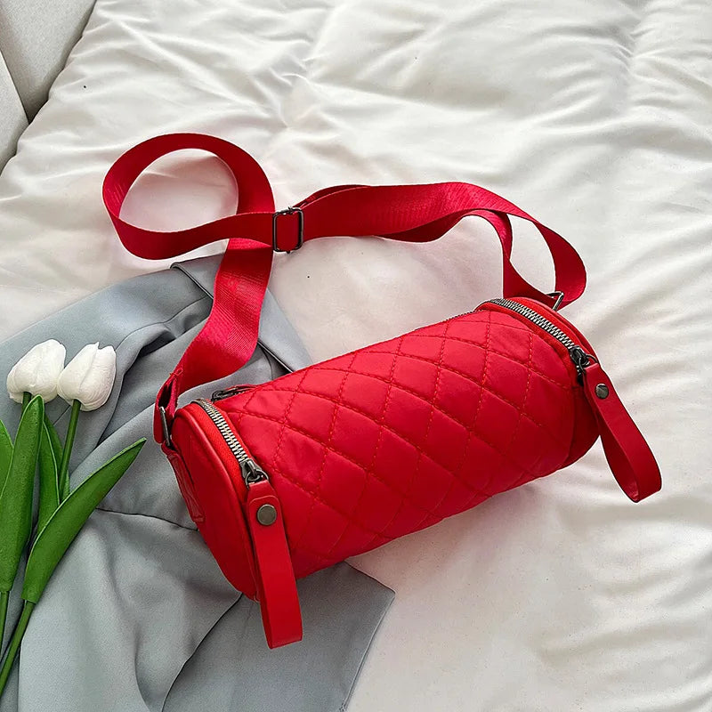 Solid Nylon Crossbody Bag Wide Strap Tote & Purse Cylindrical Shoulder Bag