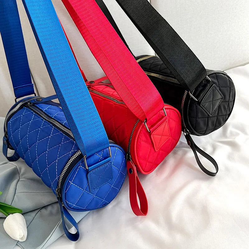 Solid Nylon Crossbody Bag Wide Strap Tote & Purse Cylindrical Shoulder Bag