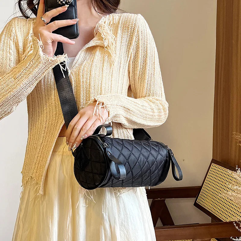 Solid Nylon Crossbody Bag Wide Strap Tote & Purse Cylindrical Shoulder Bag