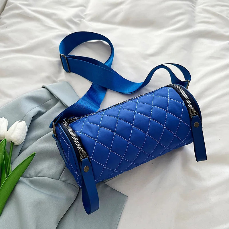 Solid Nylon Crossbody Bag Wide Strap Tote & Purse Cylindrical Shoulder Bag