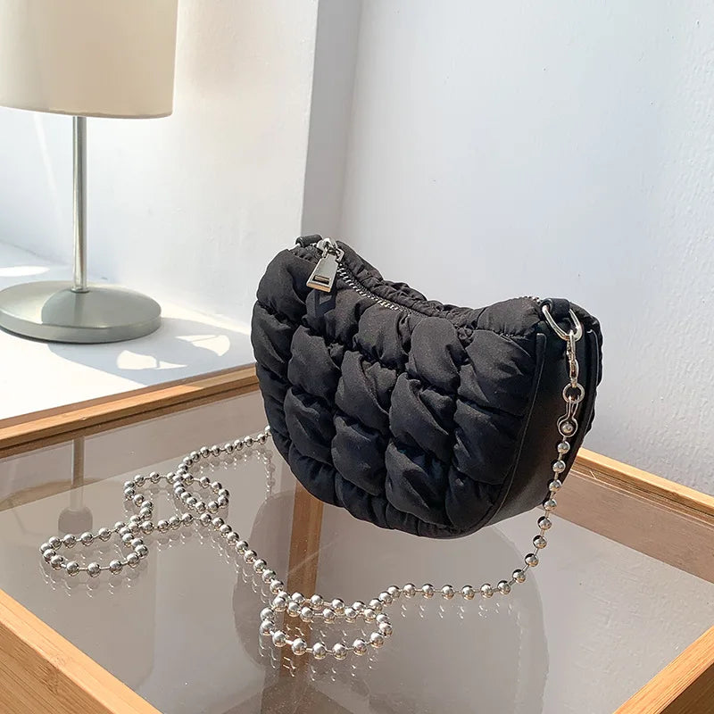 Women's Nylon Saddle Bag Chain Down Padded Shoulder Crossbody Bag