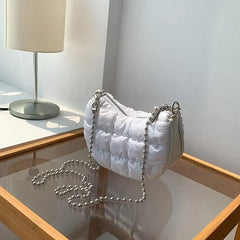 Women's Nylon Saddle Bag Chain Down Padded Shoulder Crossbody Bag