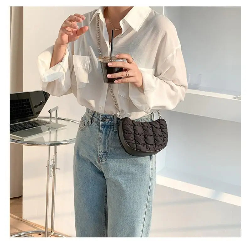 Women's Nylon Saddle Bag Chain Down Padded Shoulder Crossbody Bag