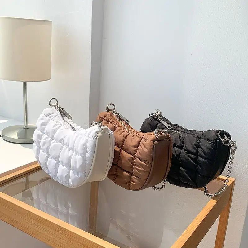 Women's Nylon Saddle Bag Chain Down Padded Shoulder Crossbody Bag