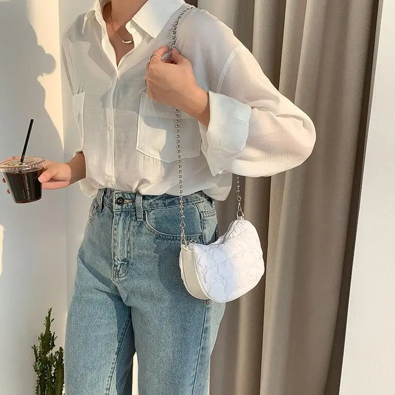 Women's Nylon Saddle Bag Chain Down Padded Shoulder Crossbody Bag