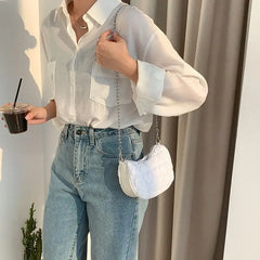 Women's Nylon Saddle Bag Chain Down Padded Shoulder Crossbody Bag