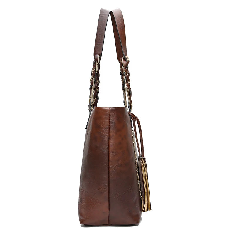 Women's Vintage Tassel Shoulder Bags PU Leather Big Capacity Handbag Bolsas