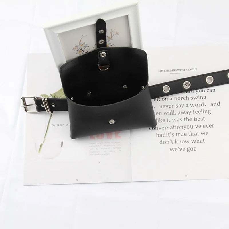 Women's PU Leather Waist Bag with Chain Belt Full Hole Punk Style Belt Phone Sho